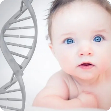 Baby looking at camera with DNA strand on left side